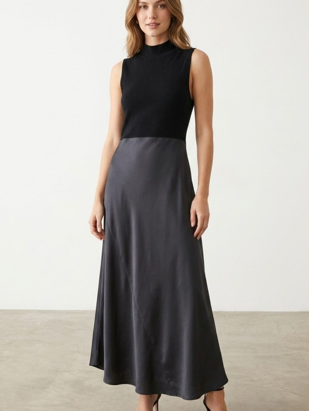 BNWT Zara Black Mockneck w/ Black Satin Maxi Skirt Dress Cocktail Sz M